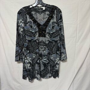 Chico's jeweled v-neck tunic in blue, gray, and black paisley print